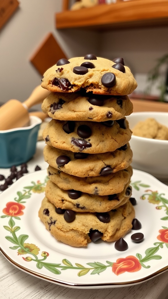 A stack of warm chocolate chip cookies on a decorative plate in a cozy kitchen.